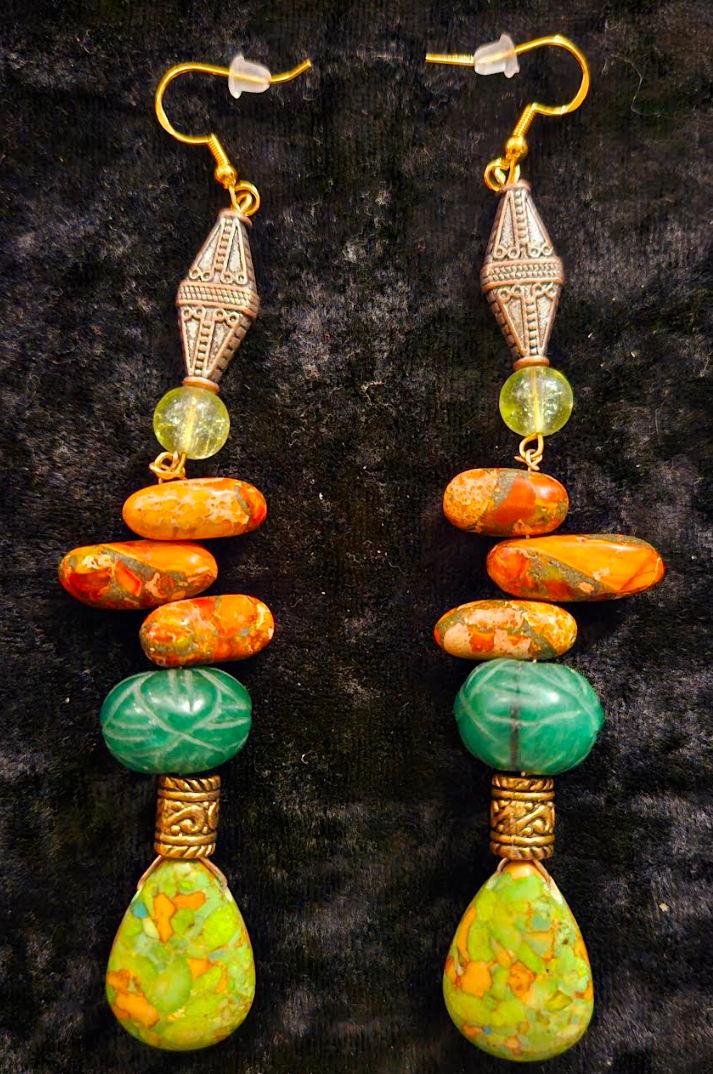 Orange and Green Long Gemstone Dangle Pierced Statement Earrings Eme