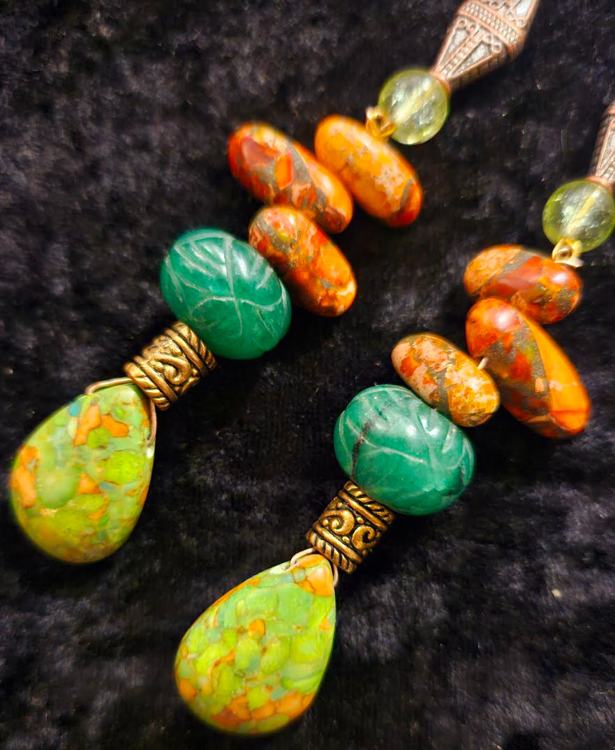 Orange and Green Long Gemstone Dangle Pierced Statement Earrings Eme