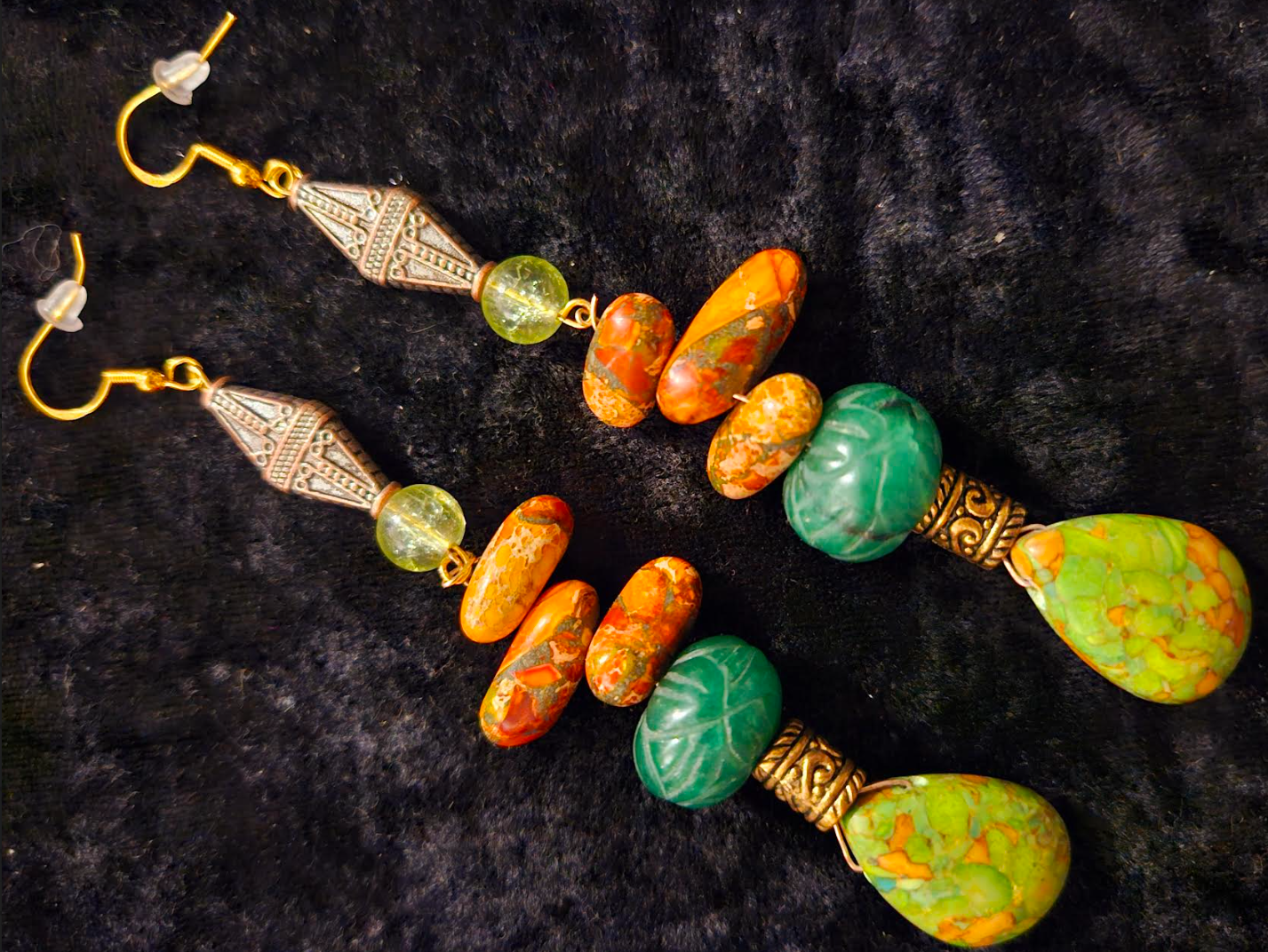 Orange and Green Long Gemstone Dangle Pierced Statement Earrings Eme