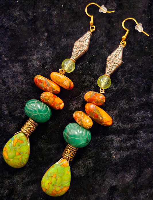 Orange and Green Long Gemstone Dangle Pierced Statement Earrings Eme