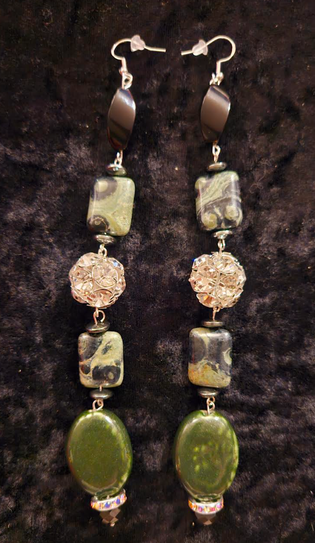 Kambaba Jasper & Rhinestone Ball Super Long Pierced Statement Earrings