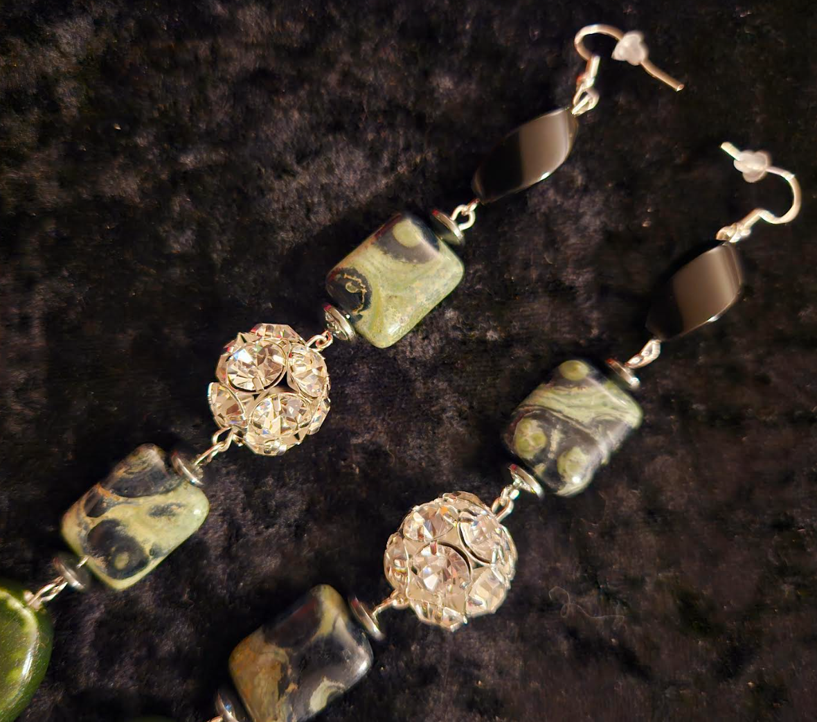 Kambaba Jasper & Rhinestone Ball Super Long Pierced Statement Earrings