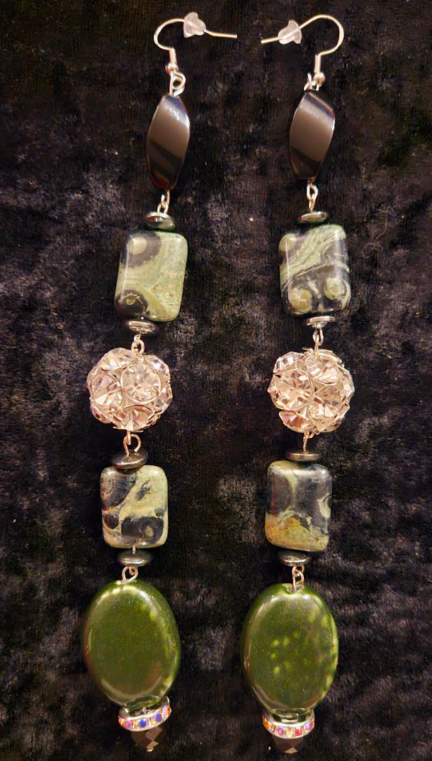 Kambaba Jasper & Rhinestone Ball Super Long Pierced Statement Earrings