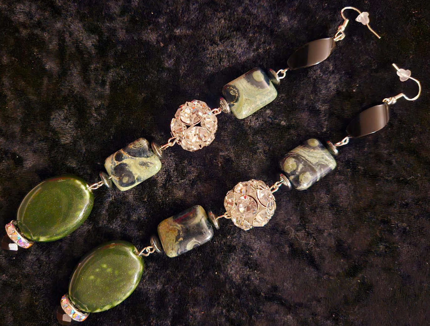 Kambaba Jasper & Rhinestone Ball Super Long Pierced Statement Earrings