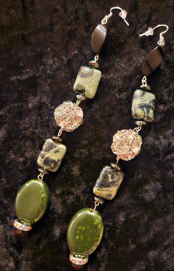 Kambaba Jasper & Rhinestone Ball Super Long Pierced Statement Earrings
