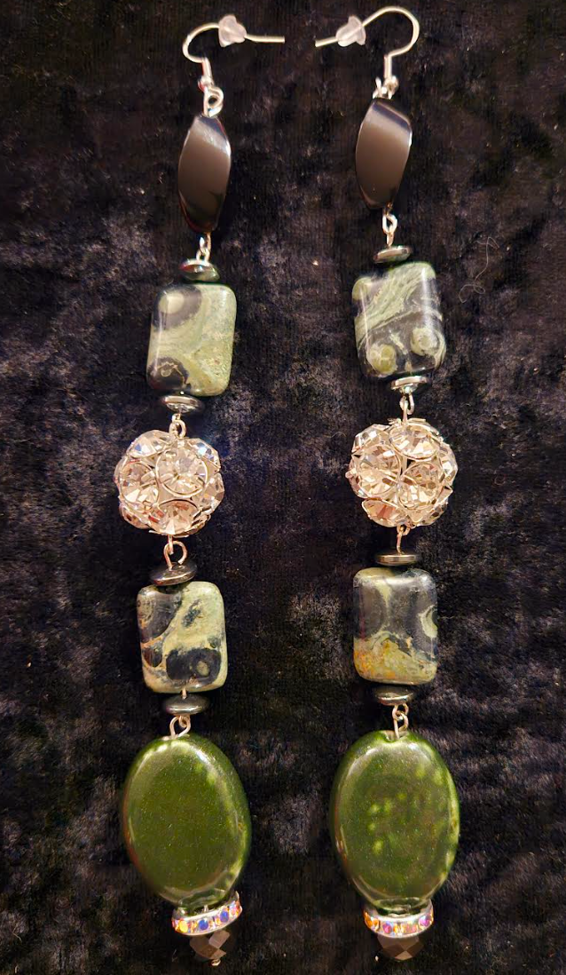 Kambaba Jasper & Rhinestone Ball Super Long Pierced Statement Earrings