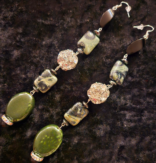 Kambaba Jasper & Rhinestone Ball Super Long Pierced Statement Earrings