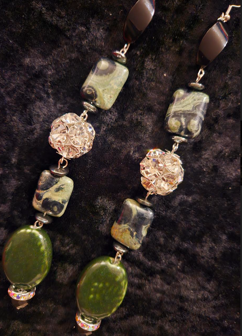 Kambaba Jasper & Rhinestone Ball Super Long Pierced Statement Earrings
