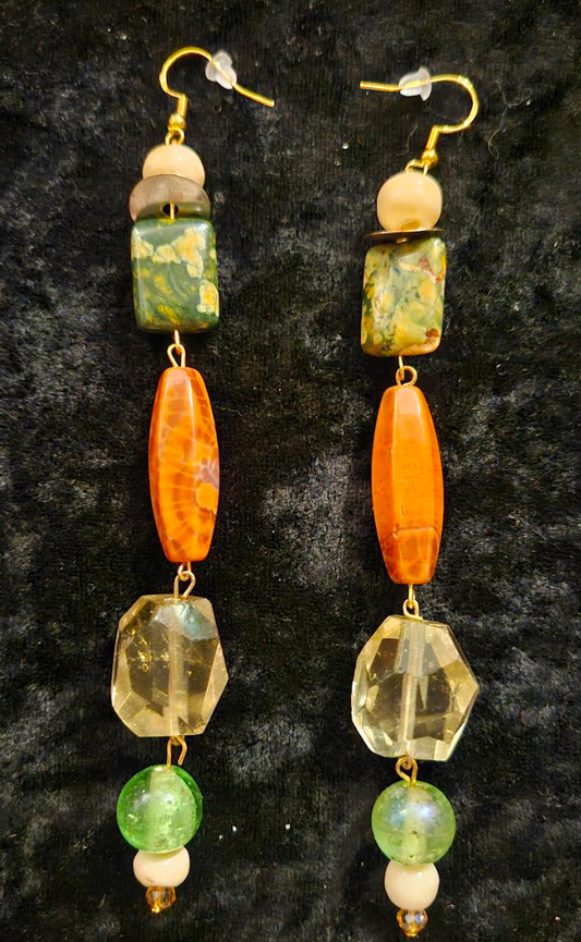 Autumn Gemstone Shoulder Duster Statement Earrings Long Orange Yello