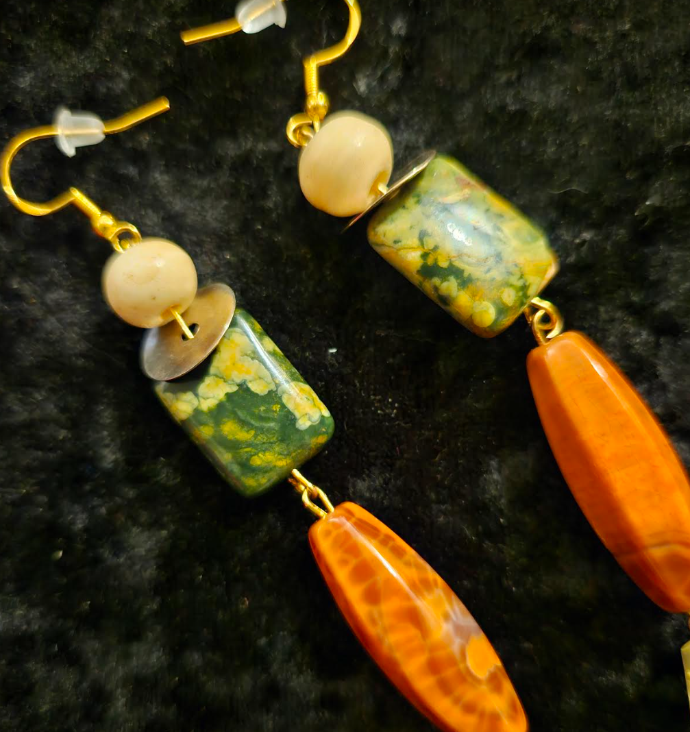 Autumn Gemstone Shoulder Duster Statement Earrings Long Orange Yello