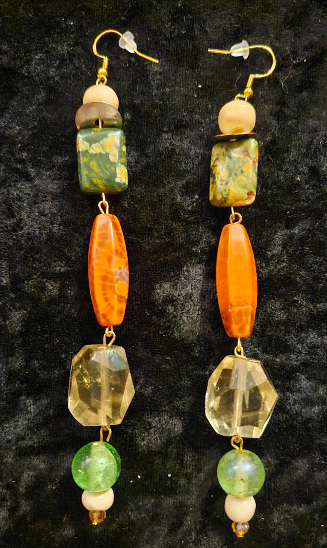 Autumn Gemstone Shoulder Duster Statement Earrings Long Orange Yello