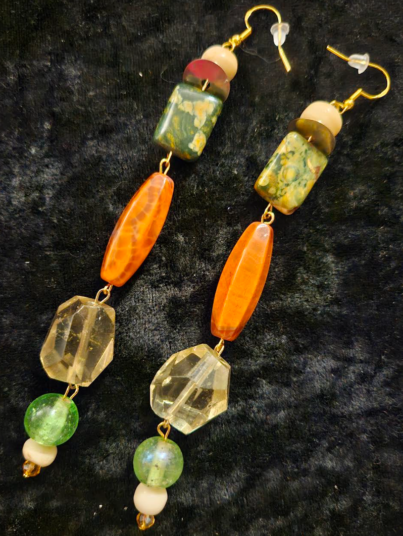 Autumn Gemstone Shoulder Duster Statement Earrings Long Orange Yello