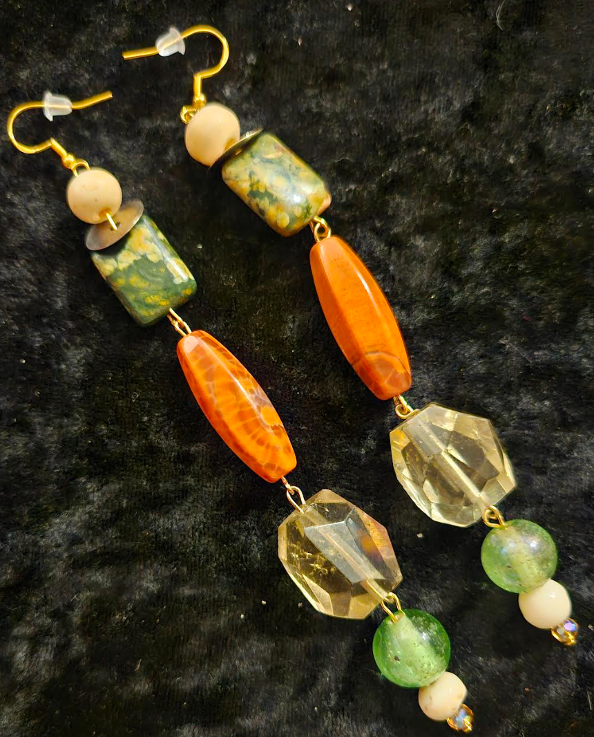 Autumn Gemstone Shoulder Duster Statement Earrings Long Orange Yello