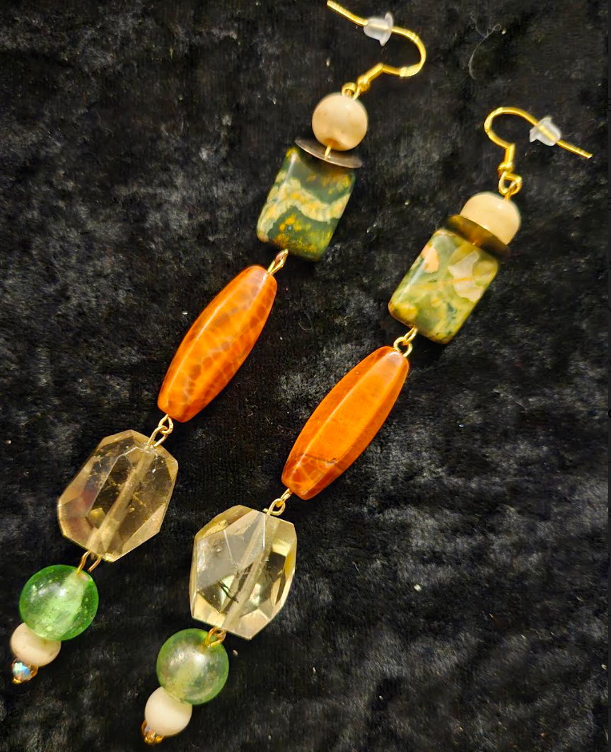 Autumn Gemstone Shoulder Duster Statement Earrings Long Orange Yello
