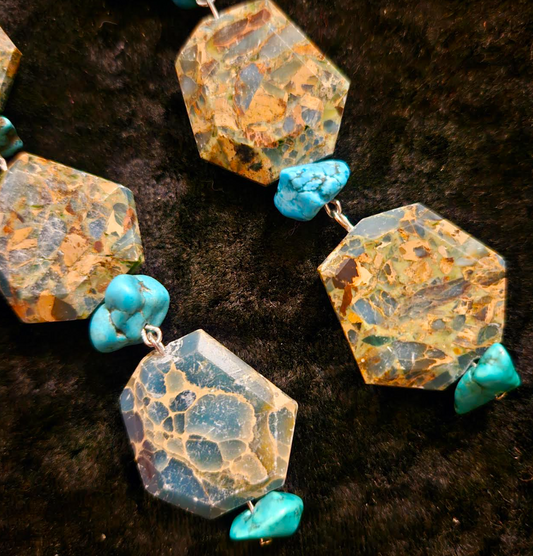 Brown and Blue Faceted Jasper Shoulder Duster Statement Earrings Jas