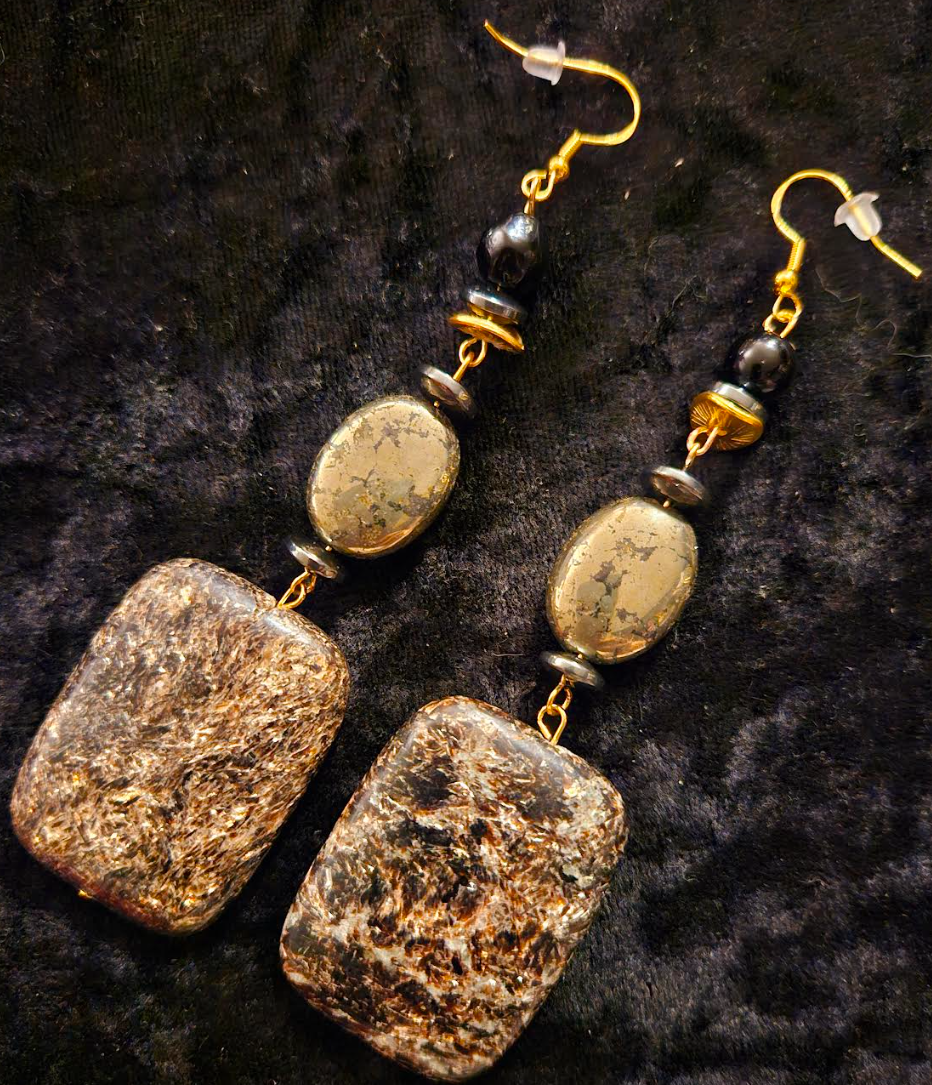 Black Jasper & Pyrite Gemstone Heavy Dangle Shoulder Dusters Blac