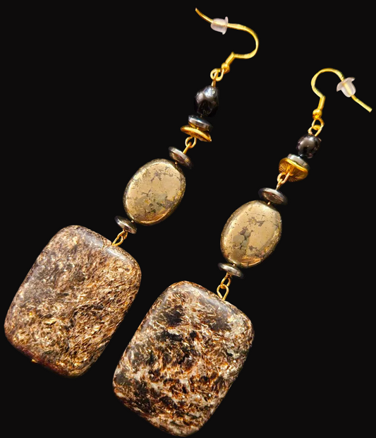Black Jasper & Pyrite Gemstone Beaded Dangle Shoulder Dusters - Heavy