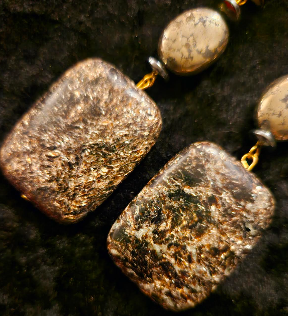 Black Jasper & Pyrite Gemstone Heavy Dangle Shoulder Dusters Blac