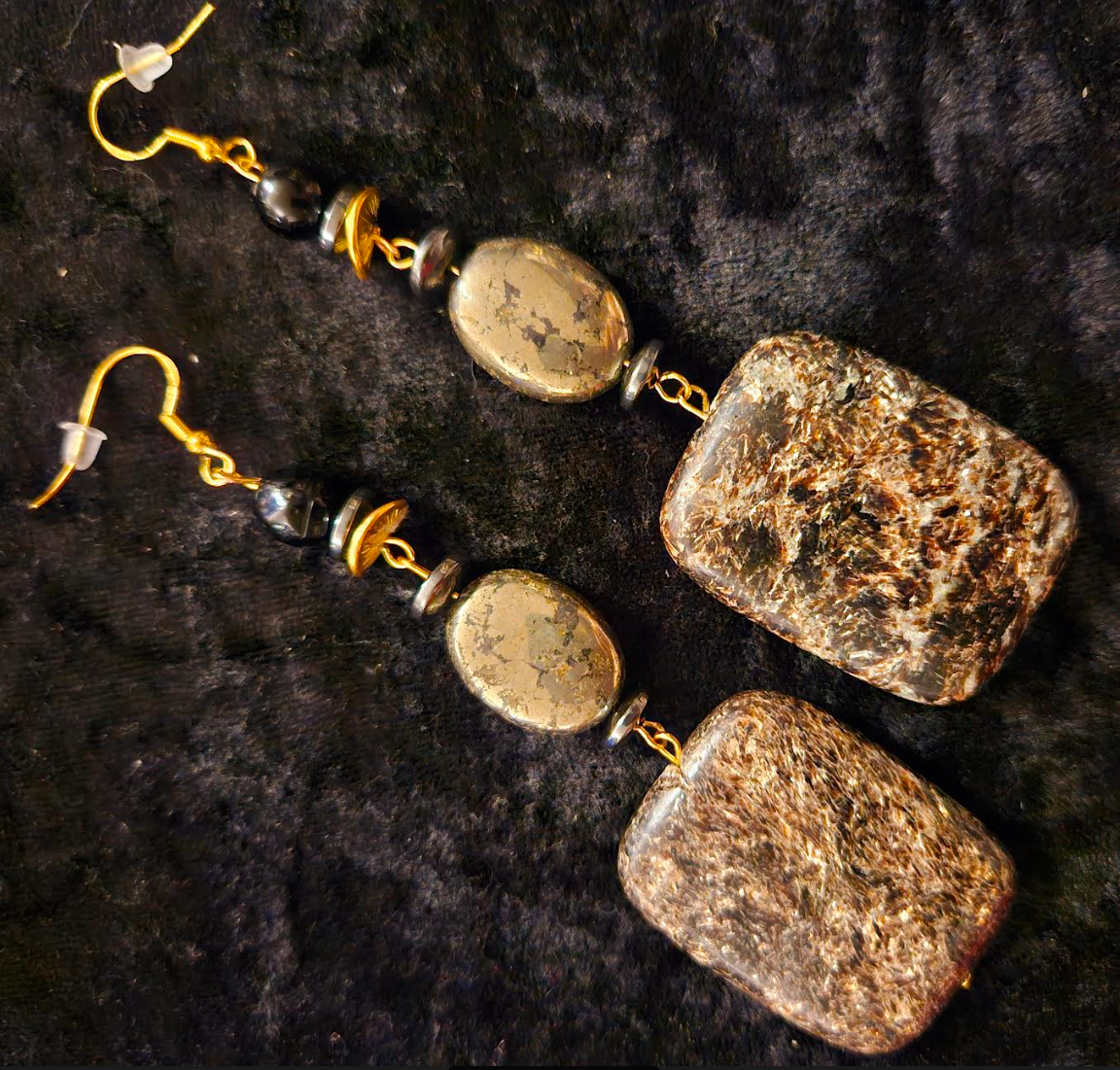 Black Jasper & Pyrite Gemstone Heavy Dangle Shoulder Dusters Blac