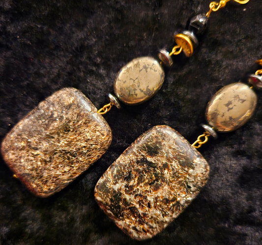Black Jasper & Pyrite Gemstone Heavy Dangle Shoulder Dusters Blac