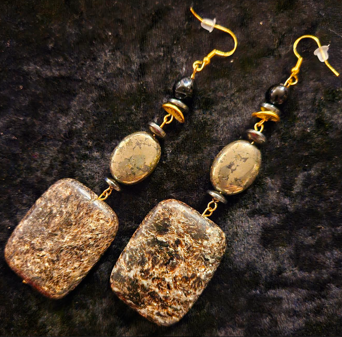 Black Jasper & Pyrite Gemstone Heavy Dangle Shoulder Dusters Blac
