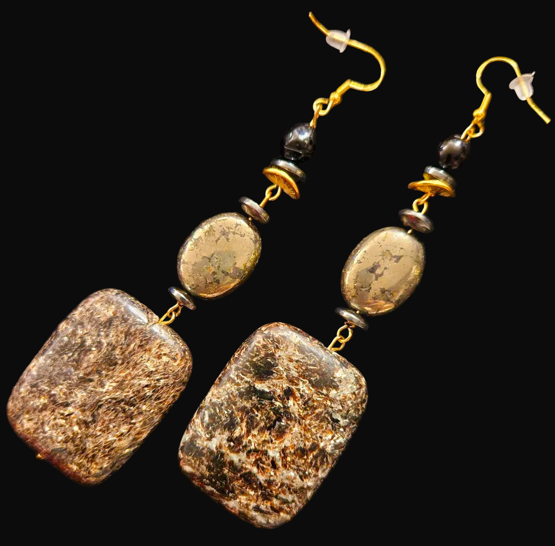 Black Jasper & Pyrite Gemstone Beaded Dangle Shoulder Dusters - Heavy
