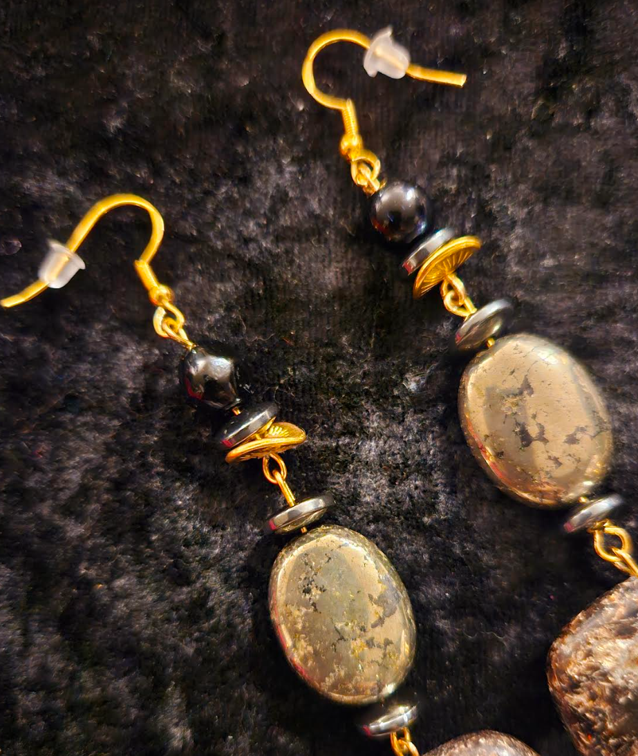 Black Jasper & Pyrite Gemstone Heavy Dangle Shoulder Dusters Blac