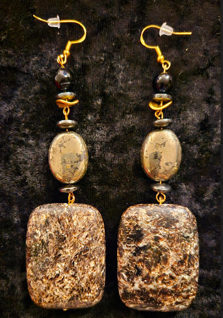 Black Jasper & Pyrite Gemstone Heavy Dangle Shoulder Dusters Blac