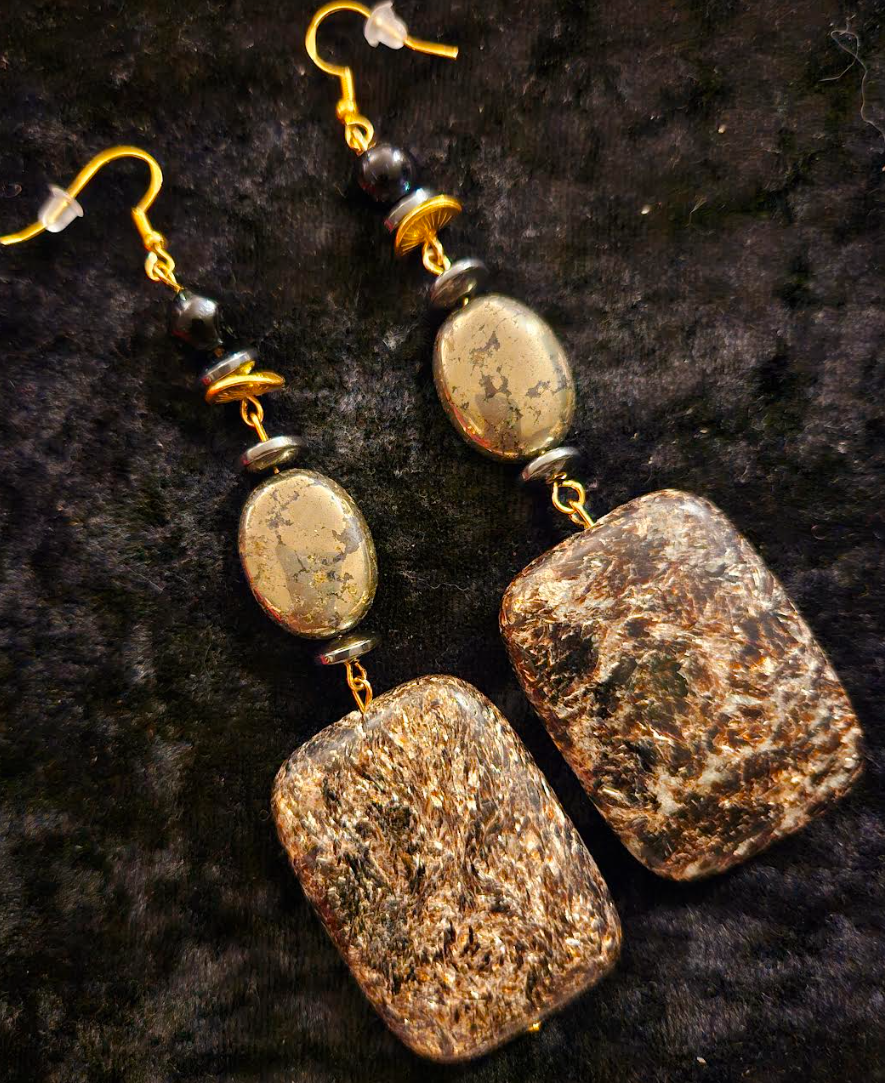Black Jasper & Pyrite Gemstone Heavy Dangle Shoulder Dusters Blac