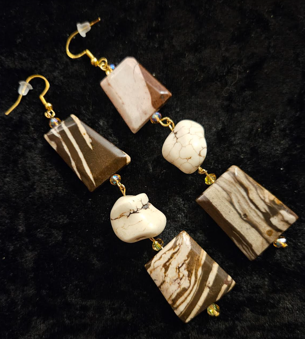 Earth Tone Marble Jasper & Howlite Nugget Dangle Statement Earrings