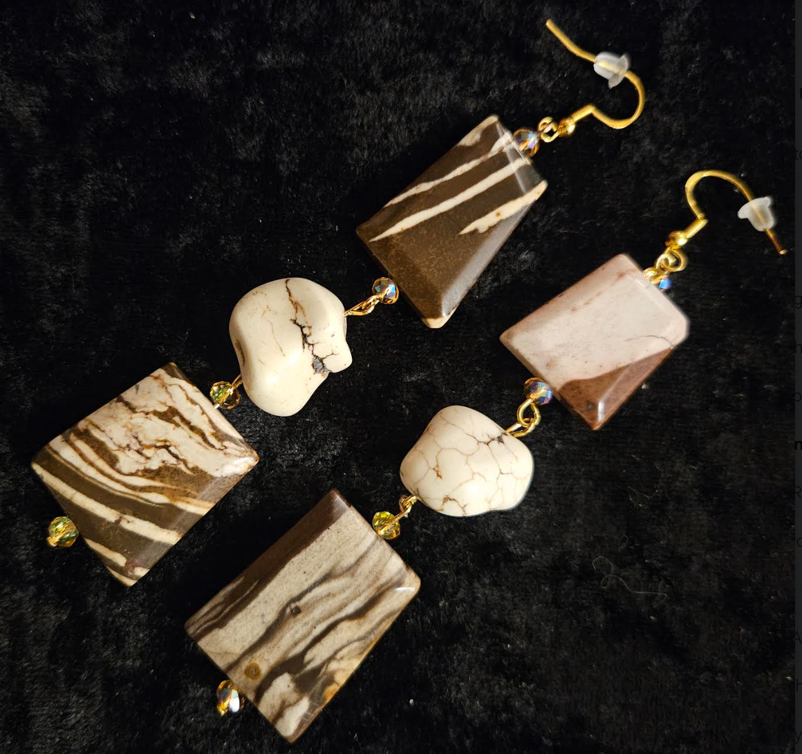 Earth Tone Marble Jasper & Howlite Nugget Dangle Statement Earrings