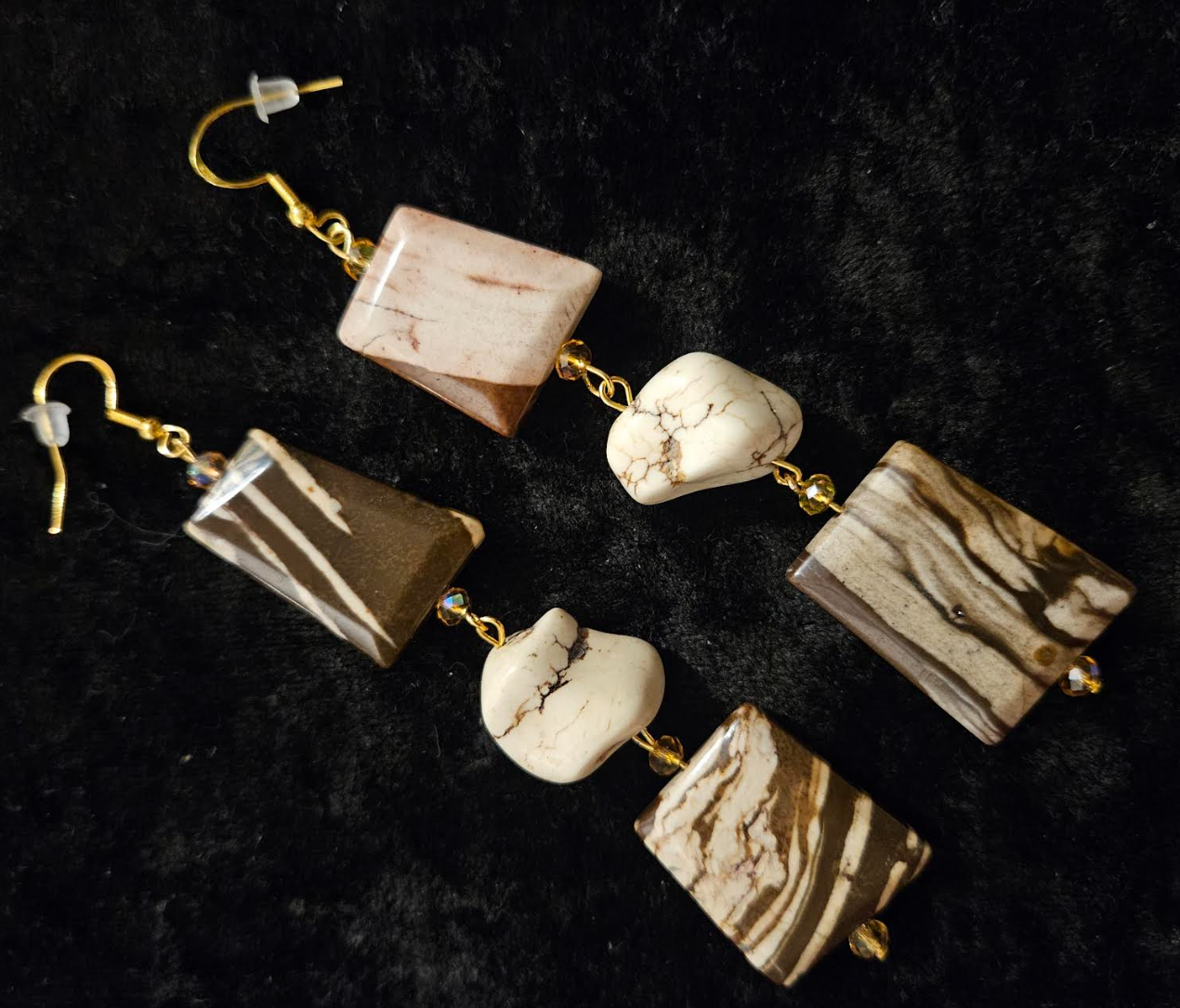 Earth Tone Marble Jasper & Howlite Nugget Dangle Statement Earrings
