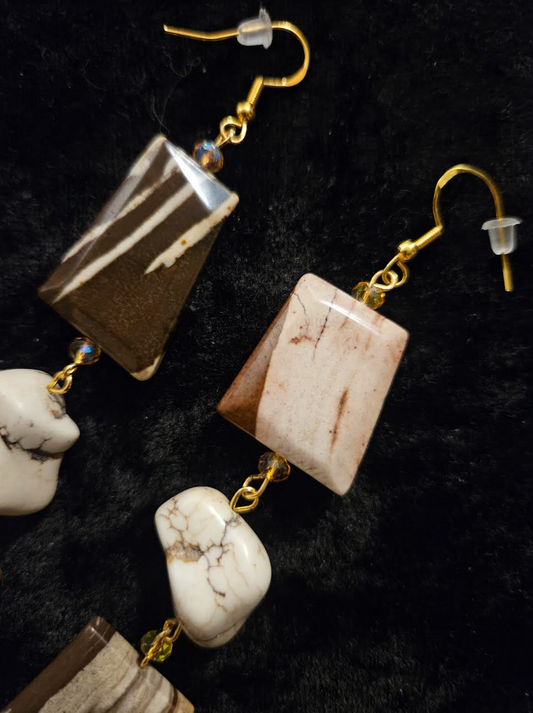 Earth Tone Marble Jasper & Howlite Nugget Dangle Statement Earrings