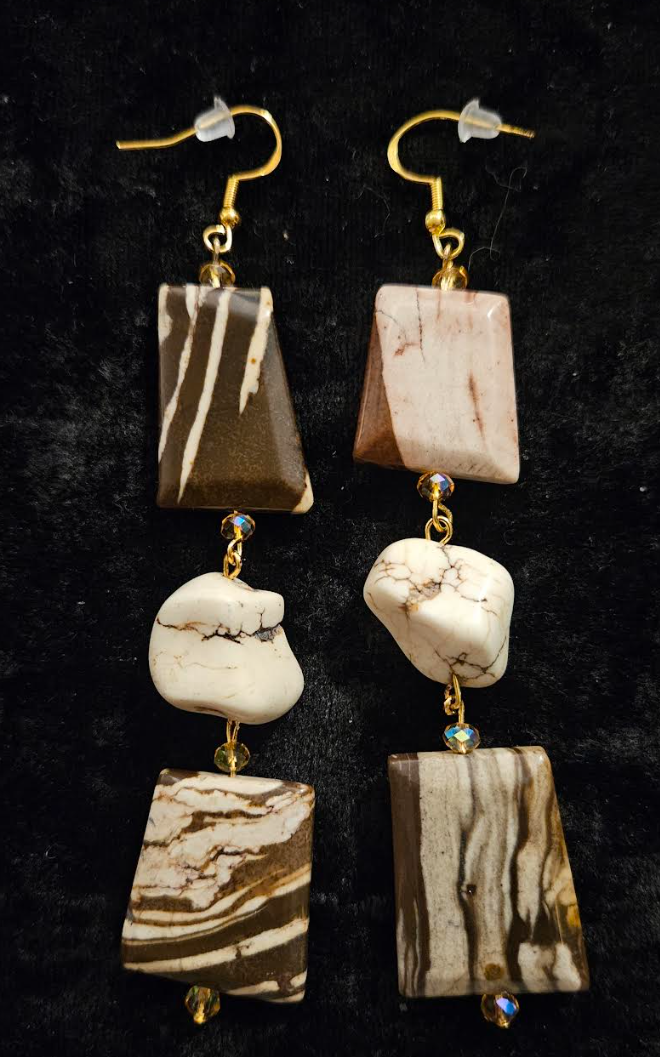 Earth Tone Marble Jasper & Howlite Nugget Dangle Statement Earrings