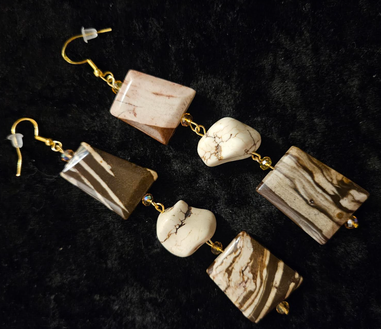 Earth Tone Marble Jasper & Howlite Nugget Dangle Statement Earrings