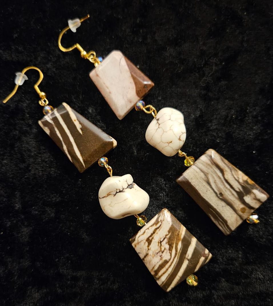 Earth Tone Marble Jasper & Howlite Nugget Dangle Statement Earrings