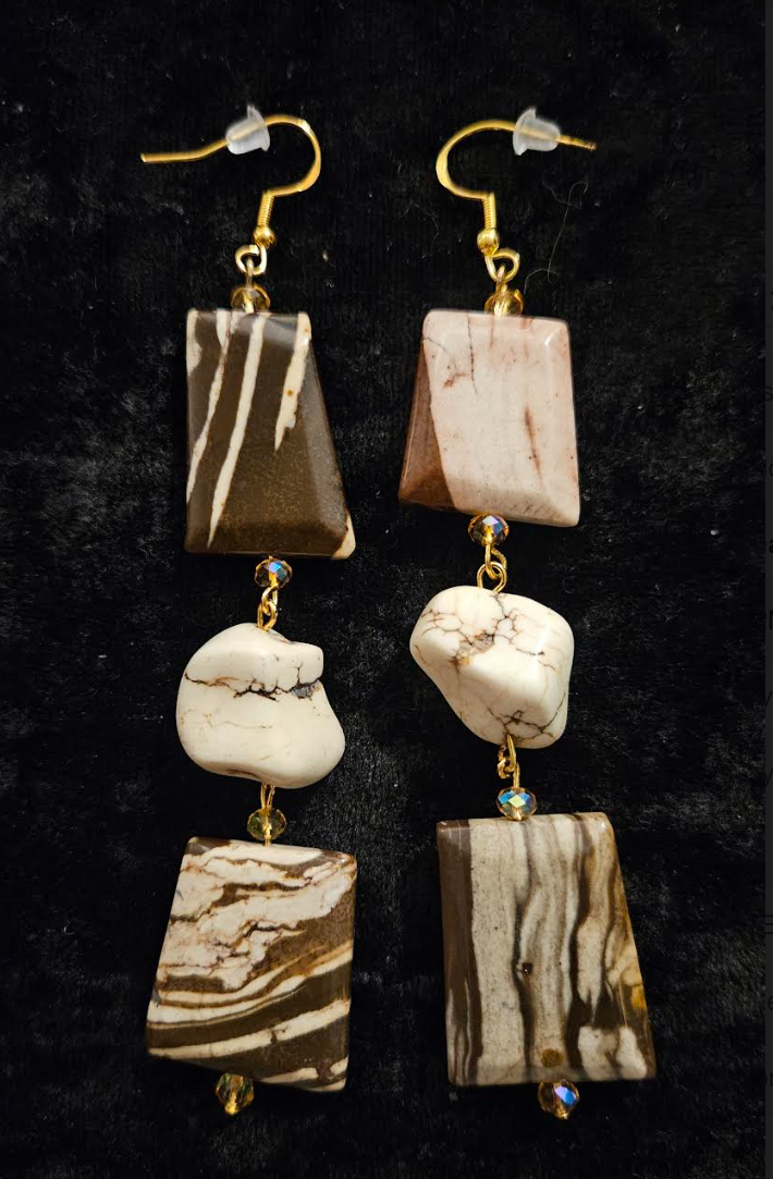 Earth Tone Marble Jasper & Howlite Nugget Dangle Statement Earrings