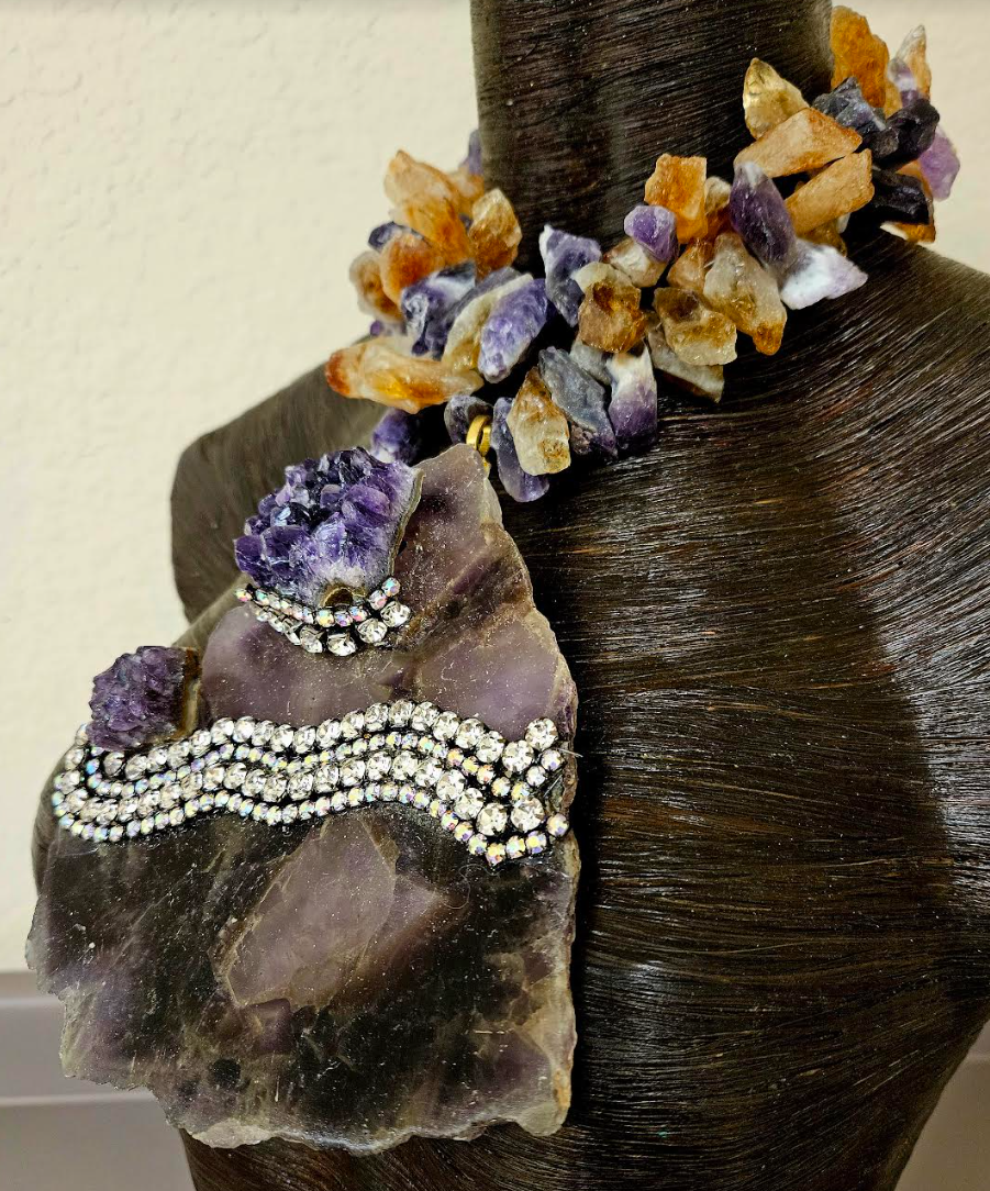 Amethyst Slab Gemstone Statement Pendant With Rhinestones - Raw Rough