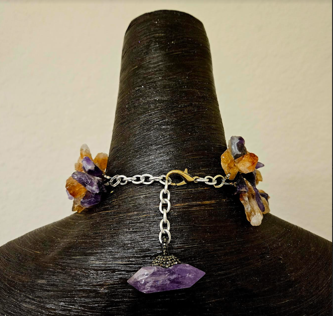 Amethyst Slab Gemstone Statement Pendant With Rhinestones - Raw Rough