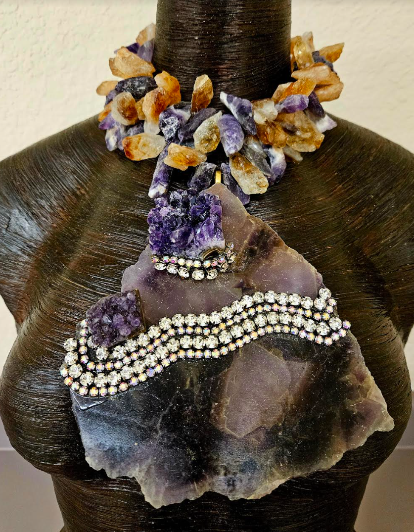 Amethyst Slab Gemstone Statement Pendant With Rhinestones - Raw Rough
