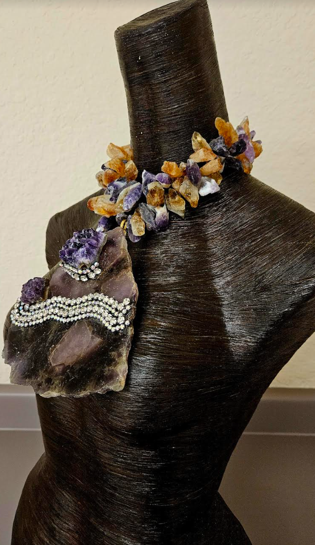 Amethyst Slab Gemstone Statement Pendant With Rhinestones - Raw Rough