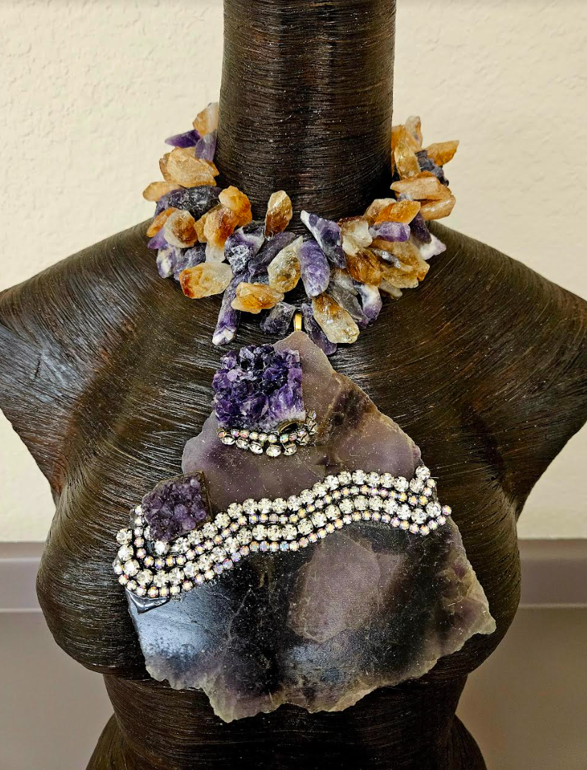 Amethyst Slab Gemstone Statement Pendant With Rhinestones - Raw Rough