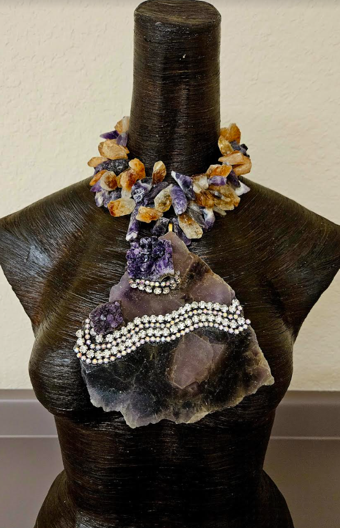 Amethyst Slab Gemstone Statement Pendant With Rhinestones - Raw Rough