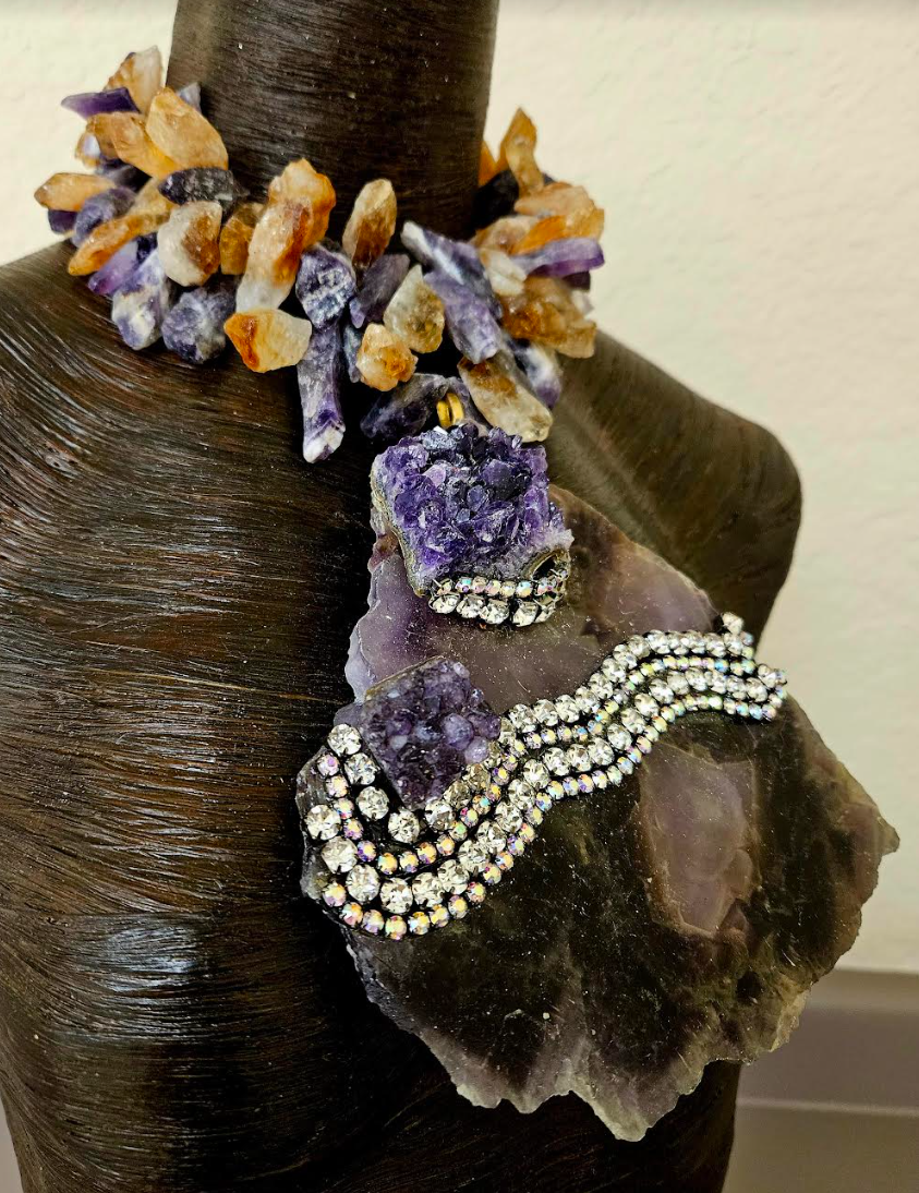 Amethyst Slab Gemstone Statement Pendant With Rhinestones - Raw Rough