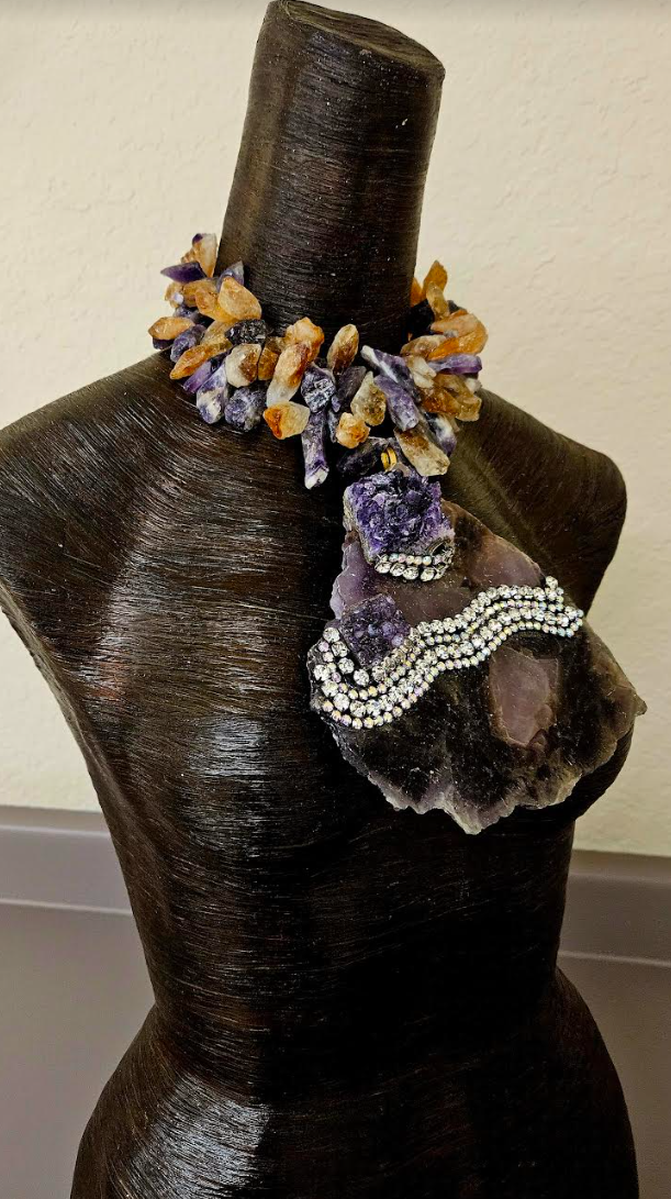 Amethyst Slab Gemstone Statement Pendant With Rhinestones - Raw Rough