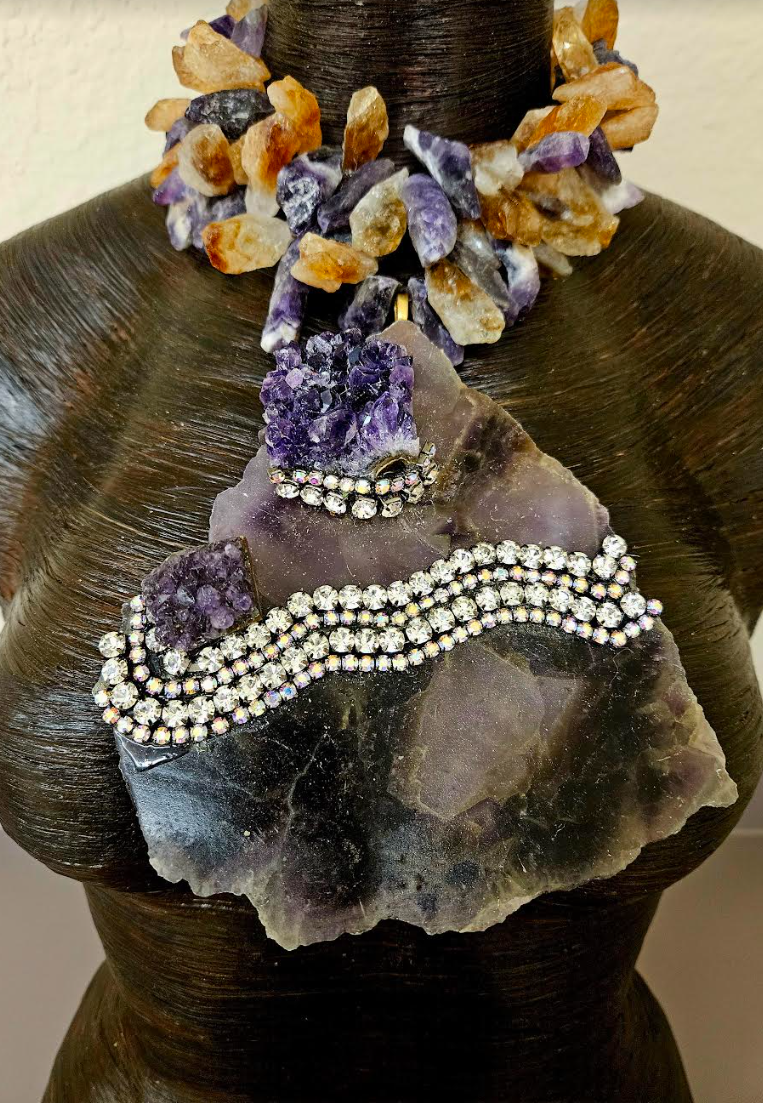 Amethyst Slab Gemstone Statement Pendant With Rhinestones - Raw Rough