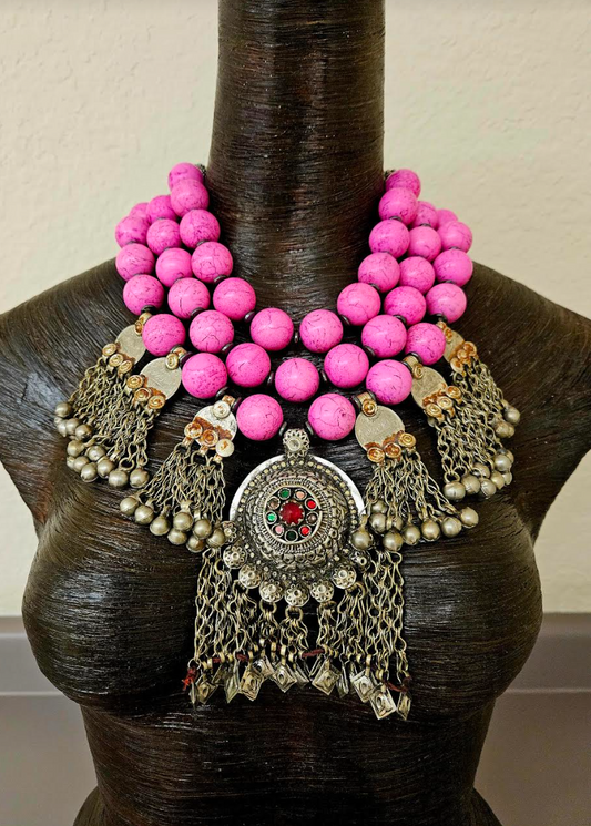 Hot Pink Magnesite Collar with Vintage Waziri Pendant & Kuchi Dangles