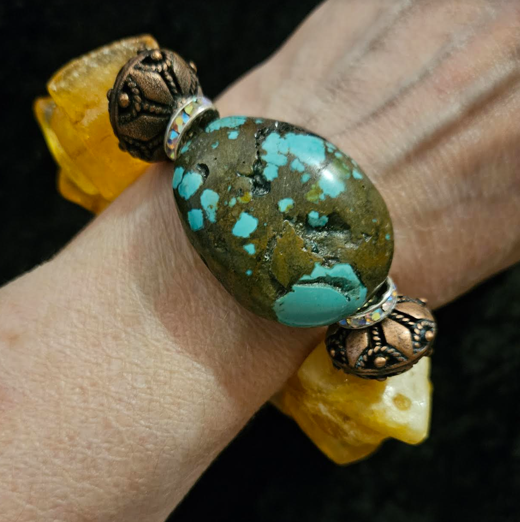 Mexican Amber and Turquoise Luxury Stretch Couture Bracelet High End