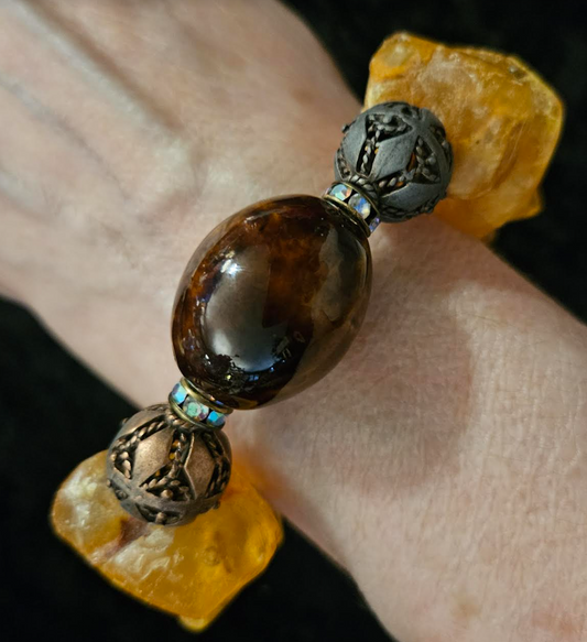 Mexican Amber Copper & Porcelain Stretch Couture Bracelet Bold Chunk