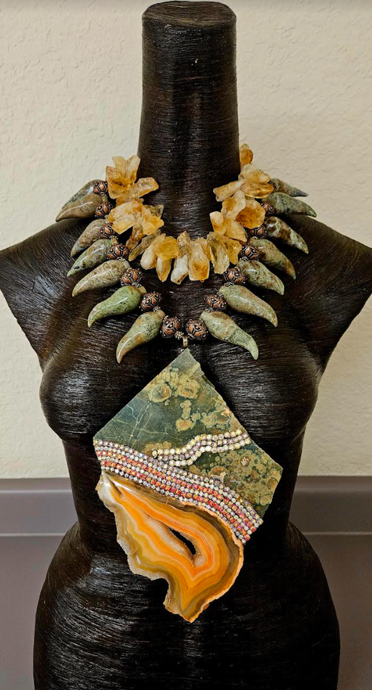 Rainforest Jasper Slab & Rough Citrine Chest Piece - Jungle Fever